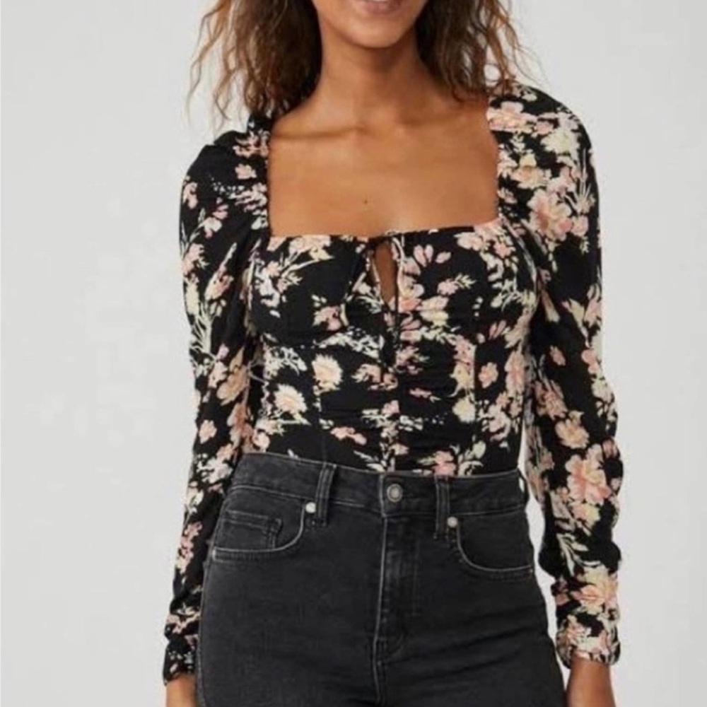 Free People Black Floral Square-Neck Puff Sleeve Top